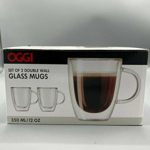 Oggi Set of 2 Double Walled Insulated 12-Ounce Borosilicate Glass Bistro Mugs